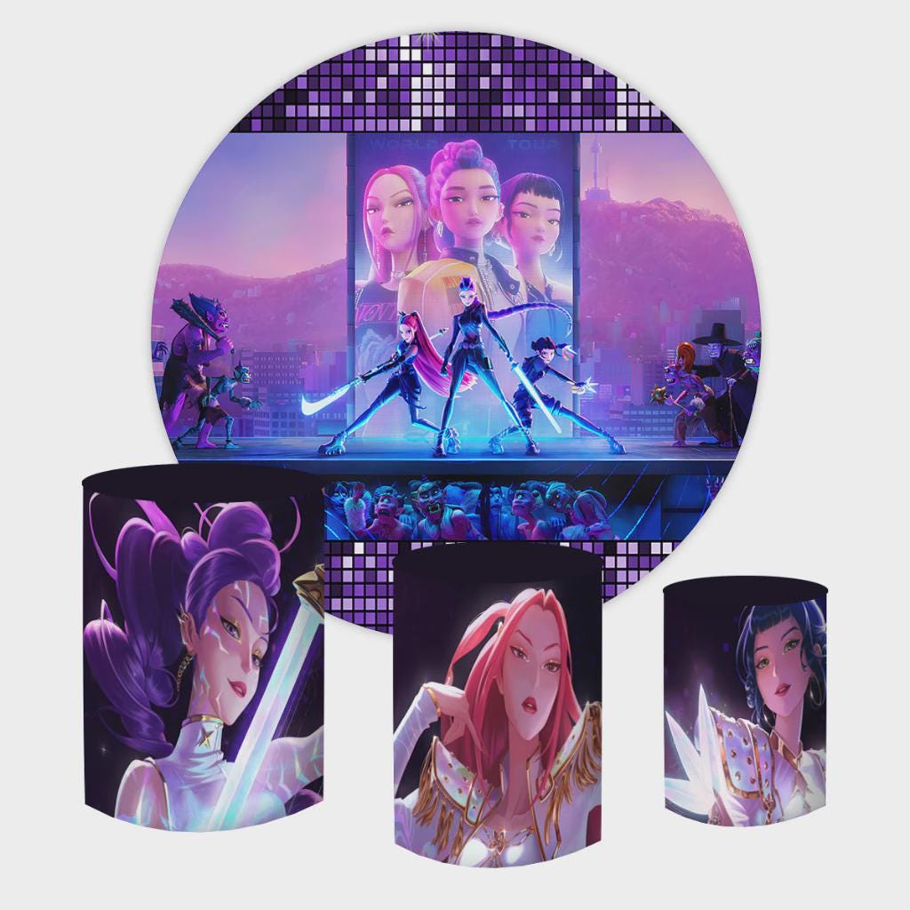 Kpop Demon Hunter Cartoon Inspired Round Backdrop Cylinders Cover Round Backdrop Cover Photo Photography Background