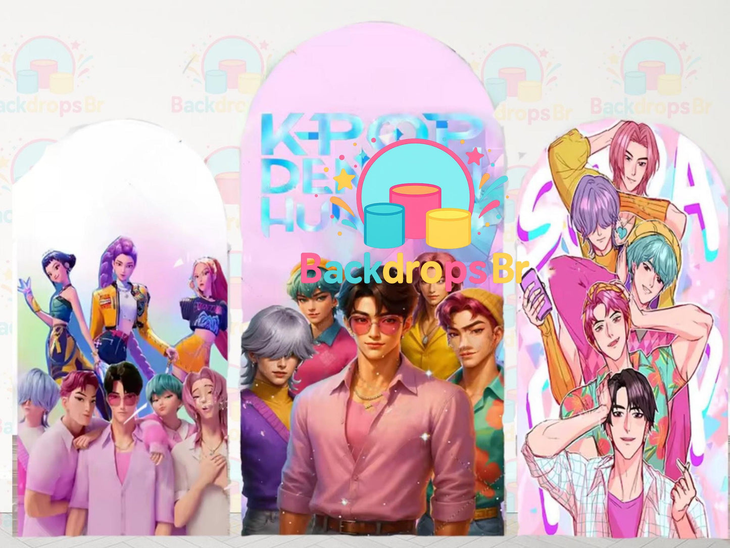 Kpop Cartoon Demons Hunters Boys and girls  Arch Backdrop Cover Backdrop 3 pieces| Birthday Backdrop
