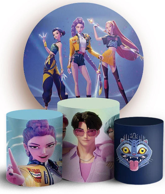 Kpop Demons Hunters Cartoon Inspired Round Backdrop Cylinders Cover Round Backdrop Cover Photo Photography Background