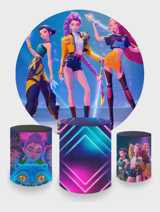 Kpop Demons Hunters Cartoon Inspired Round Backdrop Cylinders Cover Round Backdrop Cover Photo Photography Background
